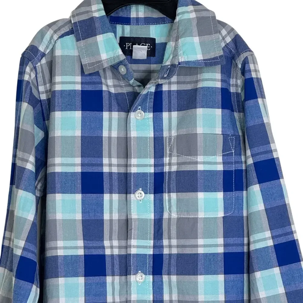 The Children's Place Boys Button-Up Shirt 5/6 Blue Gray Plaid Long Sleeve Cotton